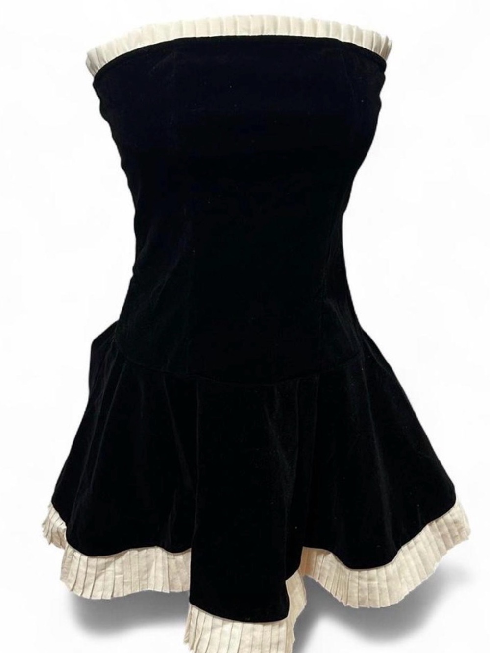 SHEIN Black Strapless Velvet Dress with Cream Pleated Trim